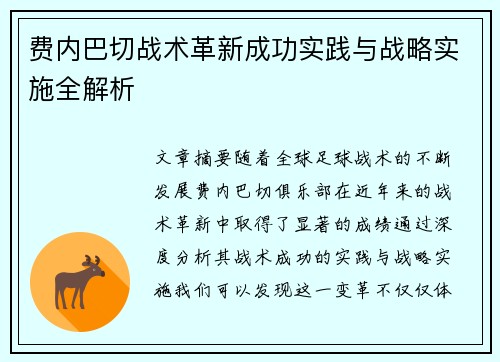 费内巴切战术革新成功实践与战略实施全解析