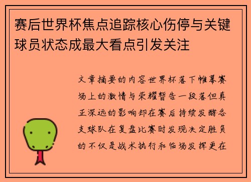 赛后世界杯焦点追踪核心伤停与关键球员状态成最大看点引发关注 赛后世界杯焦点追踪核心伤停与关键球员状态成最大看点引发关注
